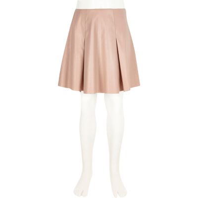 Girls pink leather-look pleated skater skirt